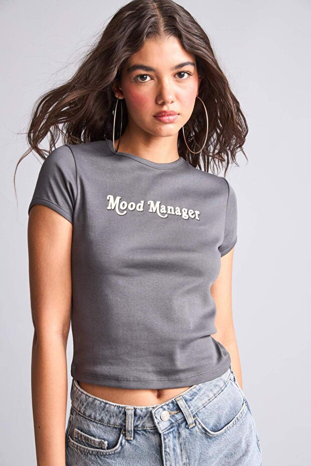 100% Cotton Fitted Crew Neck Printed Ribbed Short Sleeve Anthracite T-Shirt I3740Ax26Hs