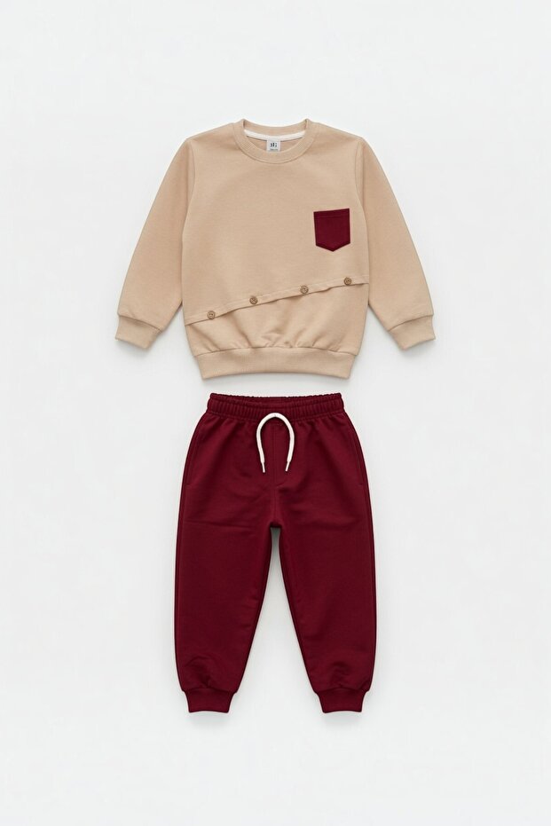 Button Detailed, Cotton Burgundy Boys' Suit