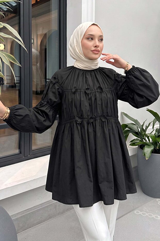 Floral Gathered Tunic 5501 - Black