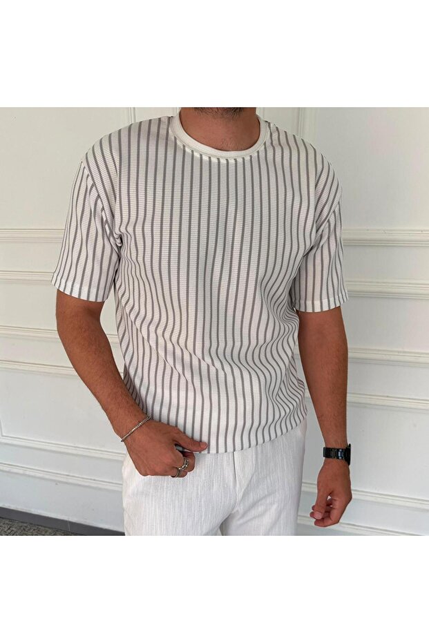 Striped Waffle Fabric Regular Fit T-Shirt