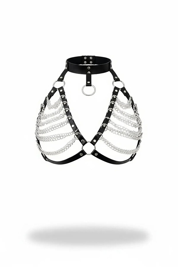 Black Women's Leather Corset with Chain Detail and Neck Collar