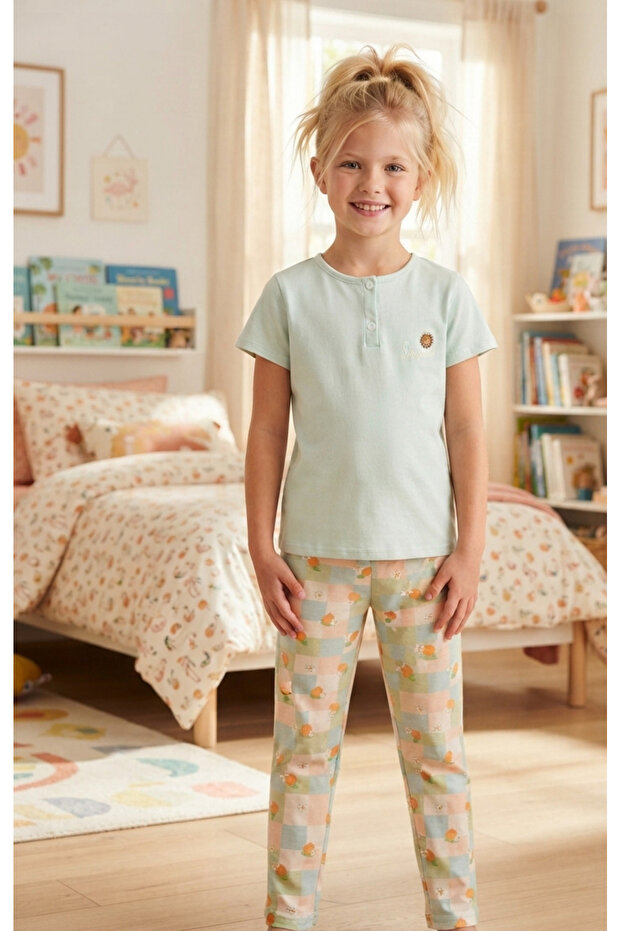 Girl's 100% Cotton Compact Combed Cotton Buttoned Crew Neck Pajama Set