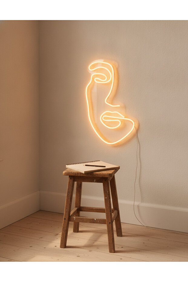 Soyut Yüz Figürlü LED Neon Duvar Tablosu | Amber Aydınlatmalı Modern Dekor | Salon - 2