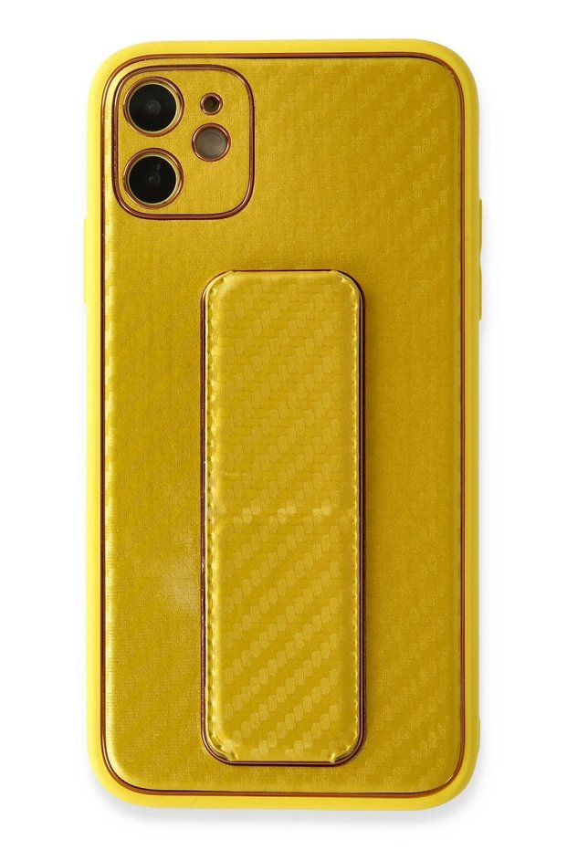 Ilkestor iPhone 12 Case Coco Carbon Stand Cover (125259) - Yellow