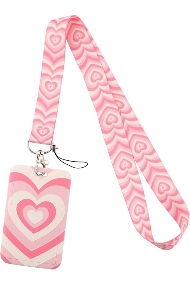 Lanyard with ID Badges Holder, Pink Heart Neck Keychain Lanyard for Keys Cards Cute for Teacher Student