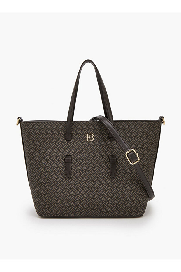 Monogram Print Tote Bag with Detachable Strap