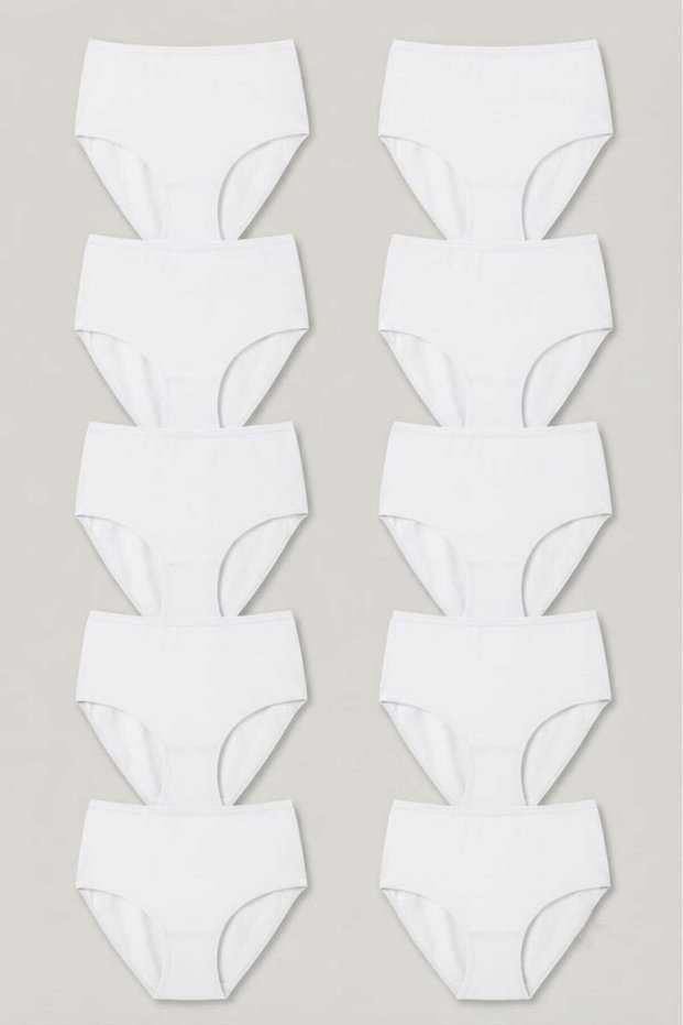 Women's 10 Pieces White Plus Size High Waist Cotton Ribbed Panties - Gathering and Comfortable Daily Bato Underwear