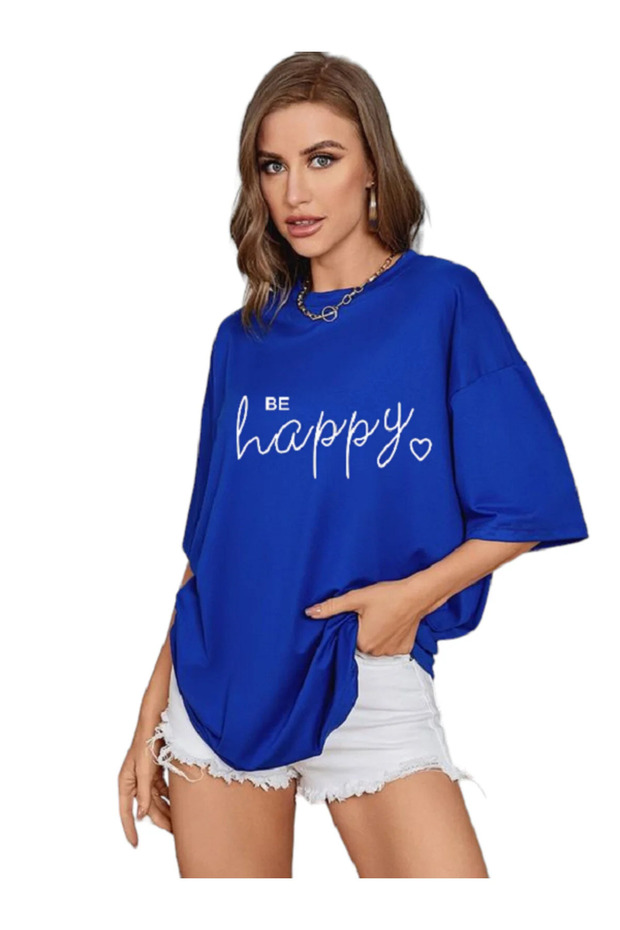 تي شيرت أزرق مطبوع عليه عبارة Be Happy