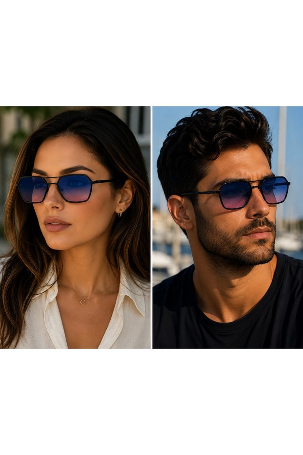 Unisex Black Metal Frame Blue Pink Gradient Glass Geometric Sunglasses Uv400