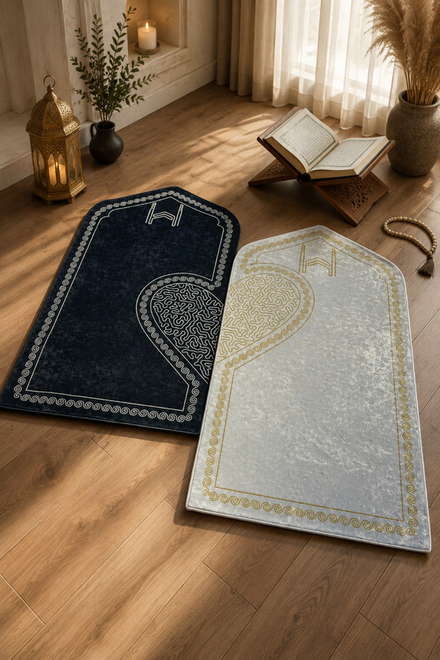 Modern Navy Blue and Cream Digital Print Prayer Mat – Elegant Patterned Prayer Mat