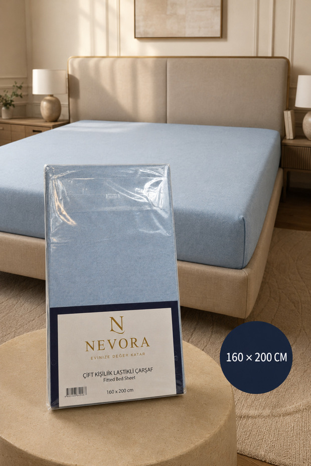 Double Elastic Bed Sheet 160X200 cm Blue with Flexible Edges