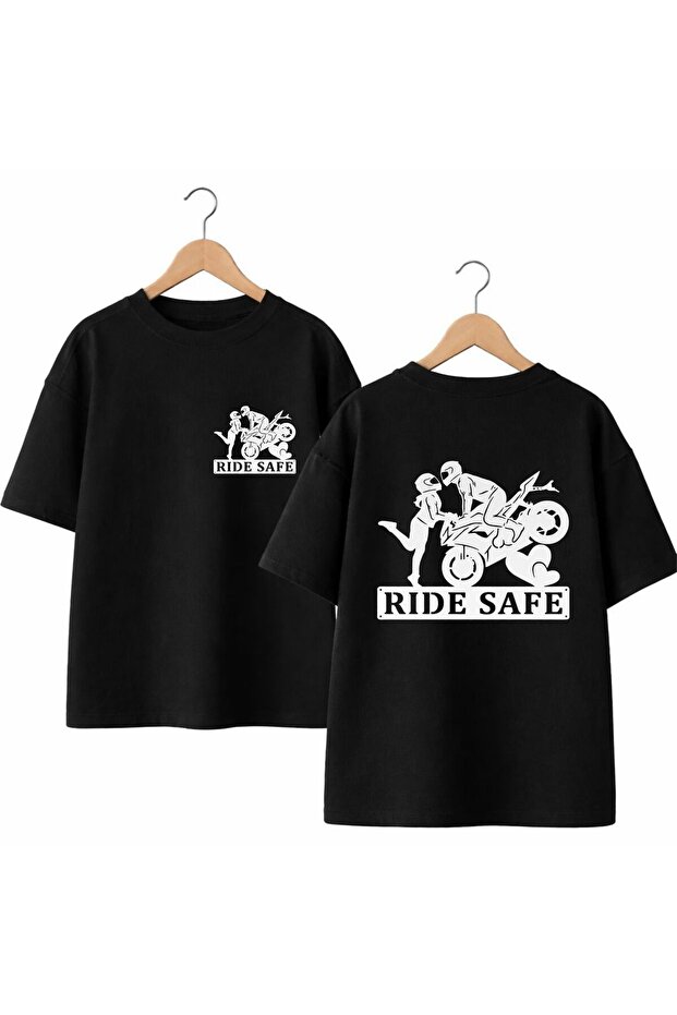 Ride Safe Back and Front Chest Printed 100% Cotton Oversize Loose Regular Fit Crew Neck T-Shirt