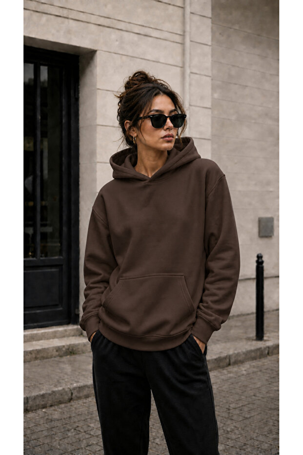Women's Solid Color Hooded Sweatshirt with Kangaroo Pocket