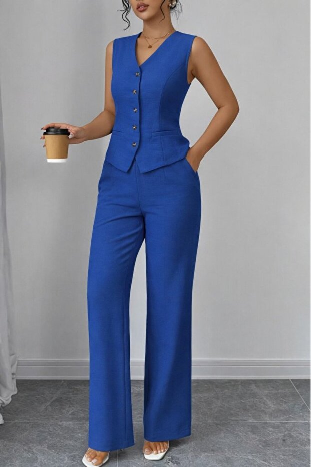Women's Strappy Button-Front Blouse and Pants Linen Two-Piece Set
