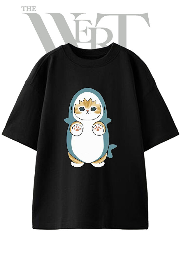 Cat Kopekbaligi Design Printed Unisex Black Oversize T-Shirt