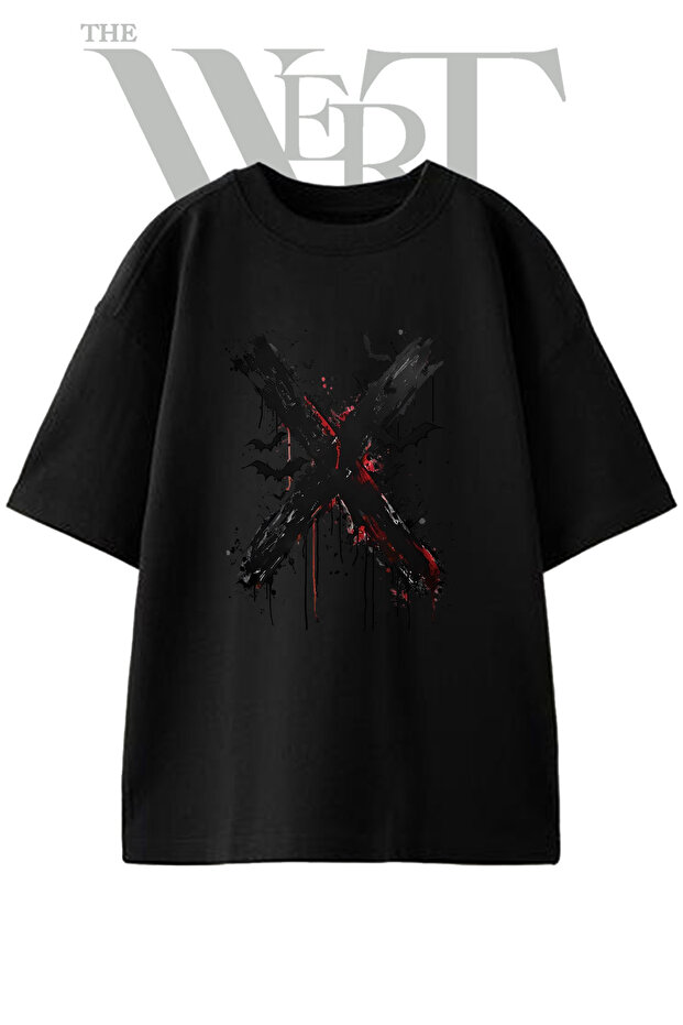 Gothic X Bats Design Printed Unisex Black Oversize T-Shirt