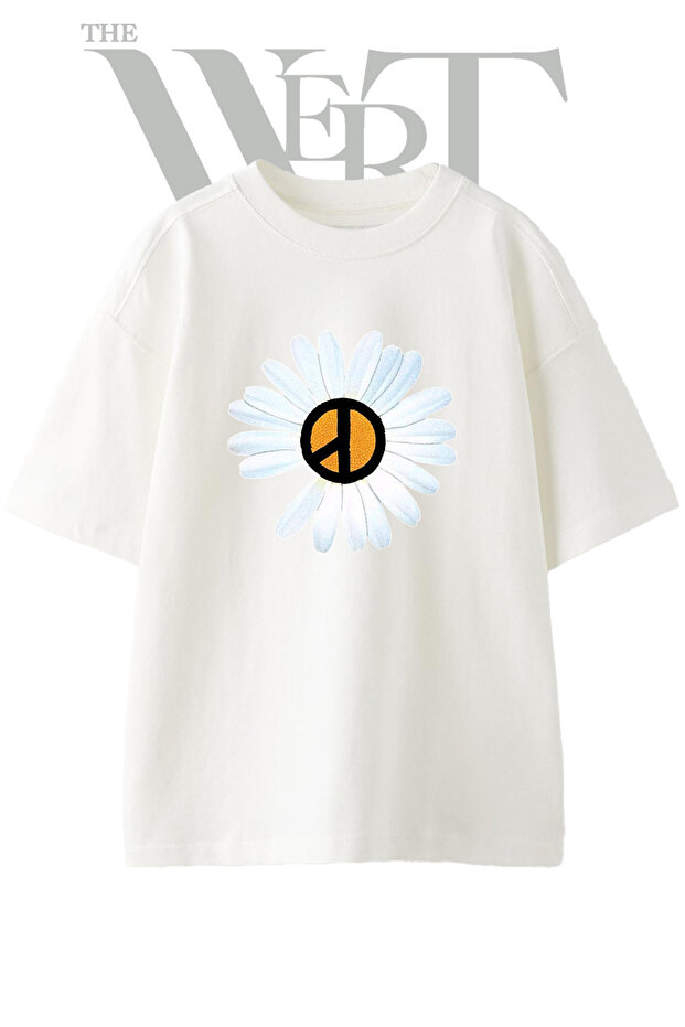 Daisy Peace Sign Design Printed Unisex White Oversize T-Shirt