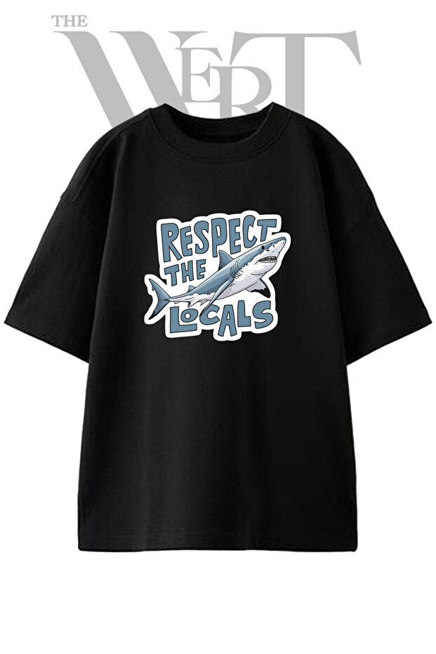 Shark Locals Design Printed Unisex Black Oversize T-Shirt