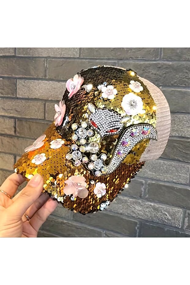 Women's Sequin Stone Embroidered Baseball Cap with Fox Figure and Floral Detail, Mesh Party Hat, Handcrafted