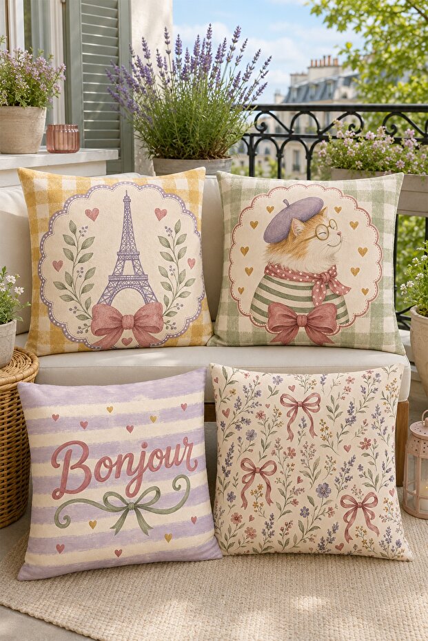Eiffel Tower and Cat Pattern 4-Piece Throw Pillow Cover Set