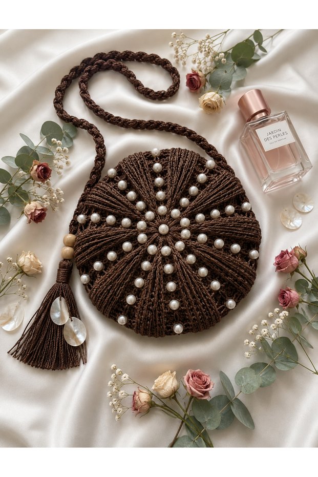 Pearl Embellishment Detailed Round Macaron Straw Brown Color Bag / Handmade Bohemian Crossbody Bag - Hand Knitted Embroidered