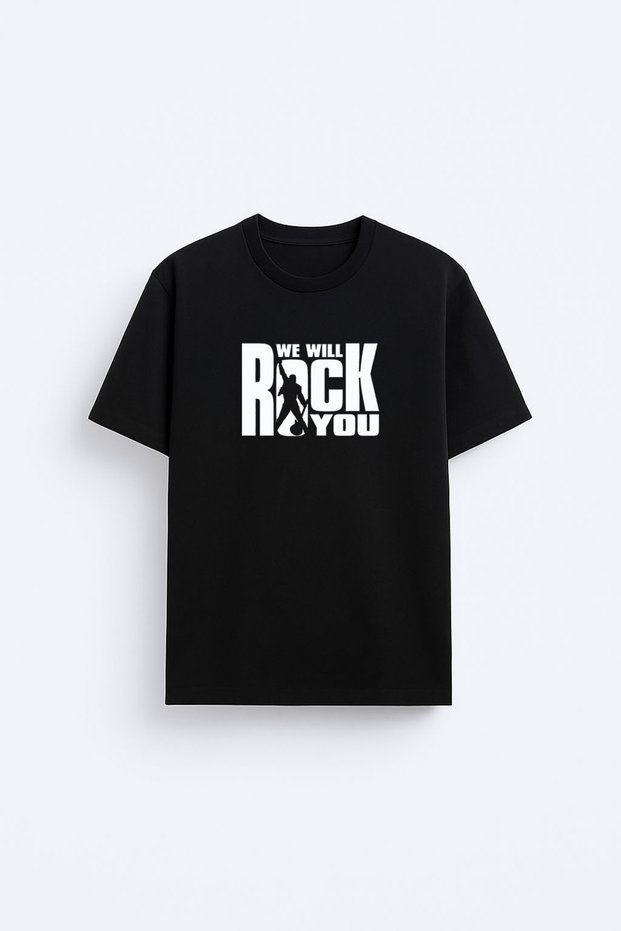 Rock Printed Oversize Cotton Black T-Shirt