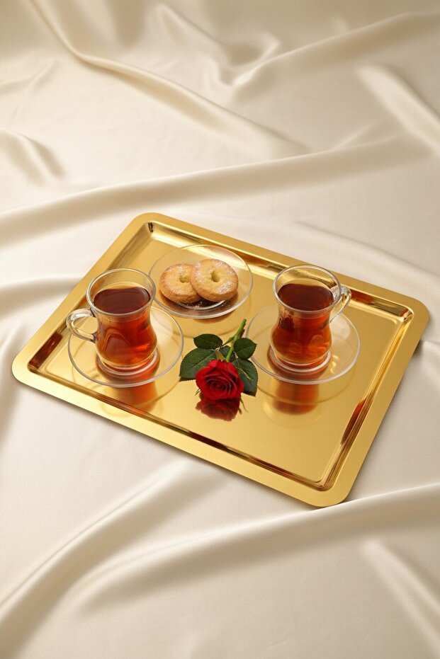 Luxury Gold Rectangular Presentation Tray 49X37 cm - Stainless Steel Large Size Tea Coffee Serving Tray