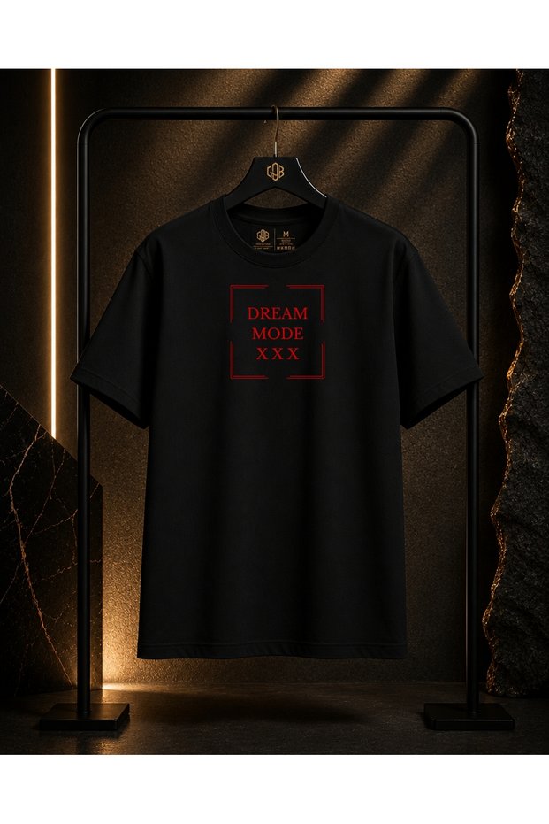 Unisex Dream Mode Red Printed 100% Cotton Oversize Crew Neck Short Sleeve T-Shirt Black