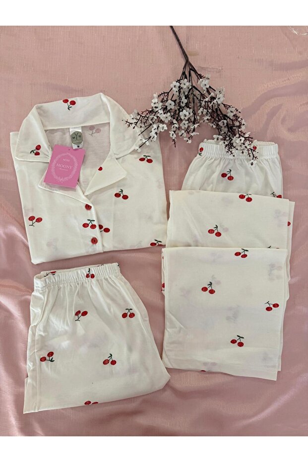 White Mh Cherry 3-Piece Cotton Pajama Set