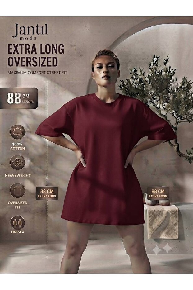 Women's Oversize Cut Printed Long Tunic T-Shirt - Crew Neck