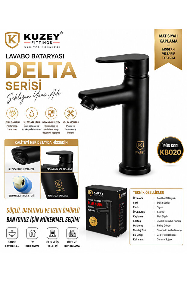Kuzey Fittings Mix Lavabo Bataryası Delta Series Black Product Code: Kb020