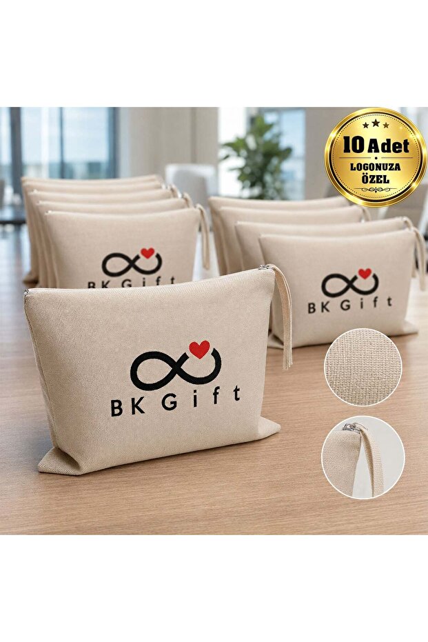 10 Pieces of Off-White Zippered Linen Hand Wallets with Your Logo, 20 X 25 cm Printed Set