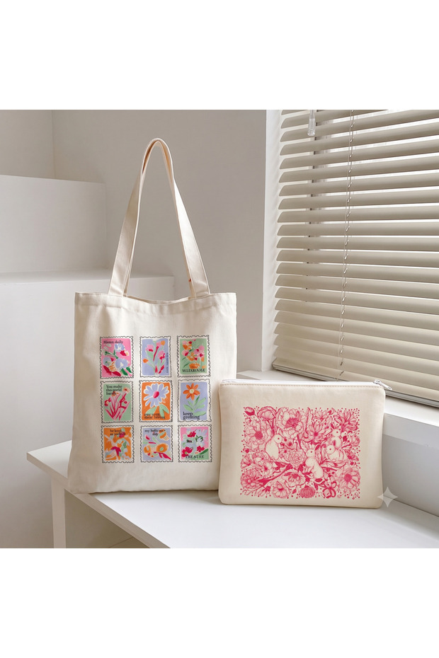 Vintage Floral Patterned Cloth Bag and Pink Rabbit Makeup Bag