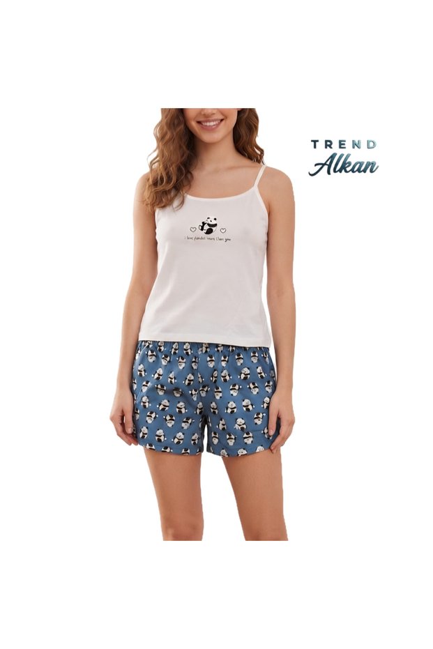 Soft Textured Panda Printed Knitted Pajama Set with Rope Straps