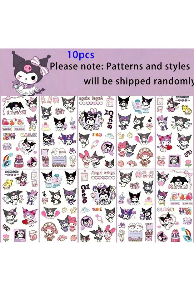 10jian Sanrio Kuromi Temporary Tattoos,Cute Cartoon Waterproof & Long Lasting Body Art for Girls & T