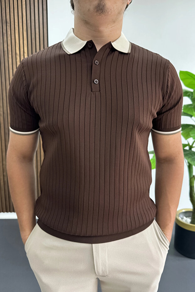Men's Striped Detailed Polo Collar T-Shirt Brown Edw497