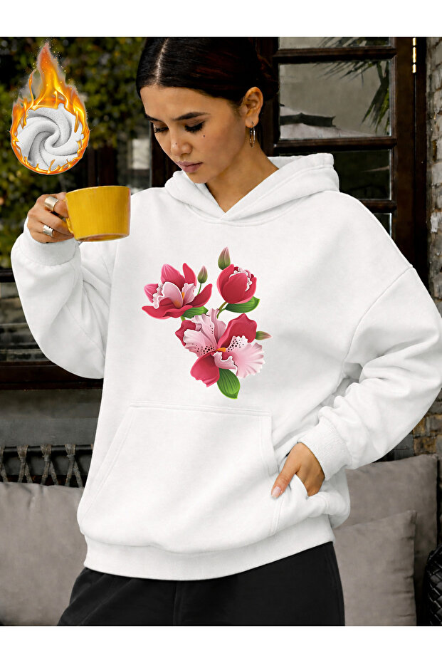 Unisex Floral Printed Hooded Kangaroo Pocket Comfortable Fit Regular Cut Sweatshirt