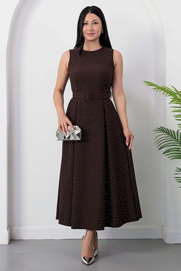 Oval neck belted stone crepe dress grs4095