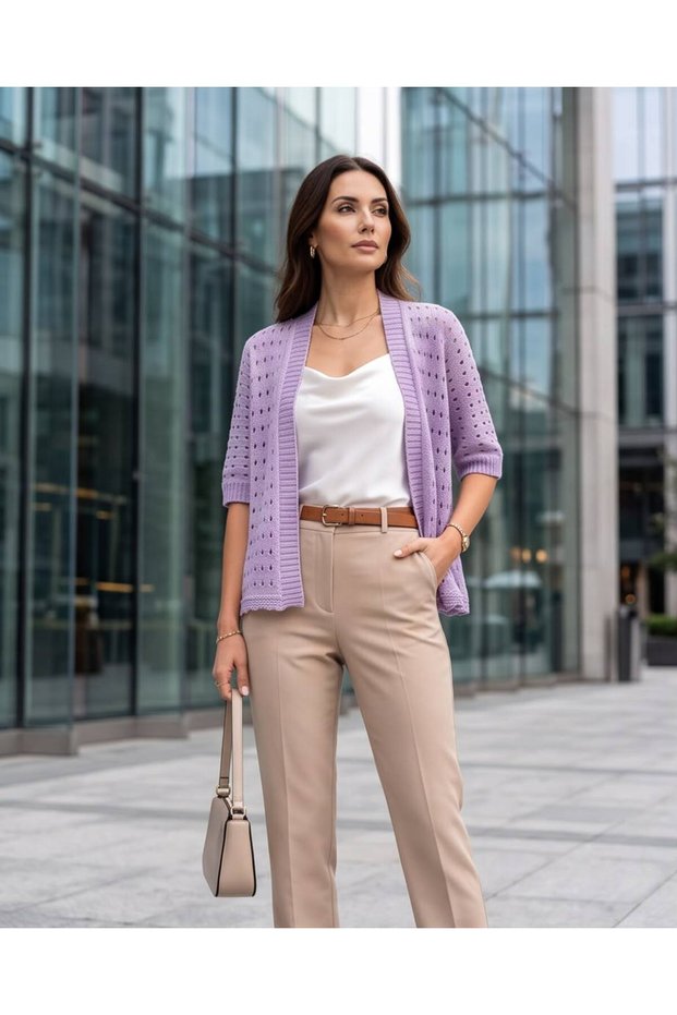 Women's Openwork Perforated Knitted Short Sleeve Seasonal Knitwear Cardigan