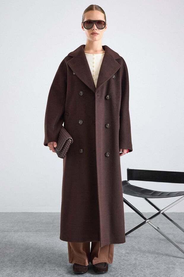 Knitted and Button Detailed Double-Breasted Premium Coat Brown 3170