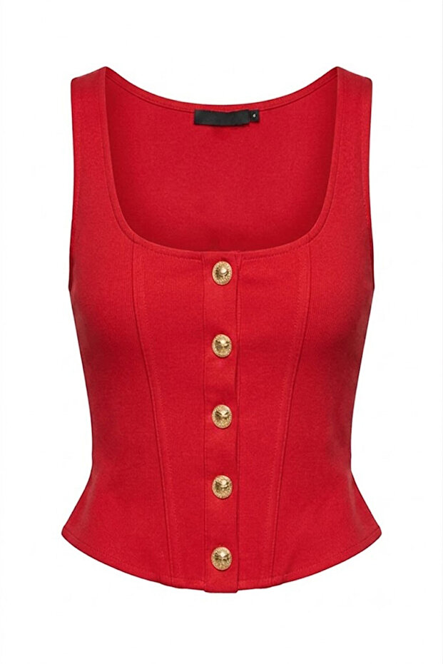 Strappy Buttoned Volan Blouse Red