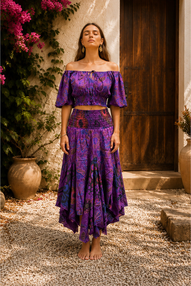 Anka Purple Color Patterned Bohemian Crop Blouse and Asymmetrical Skirt Set