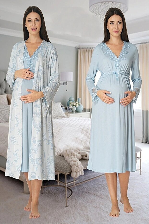 Dvina Maternity Patterned Dressing Gown and Long Sleeve Nightgown - Set of 2 - Blue