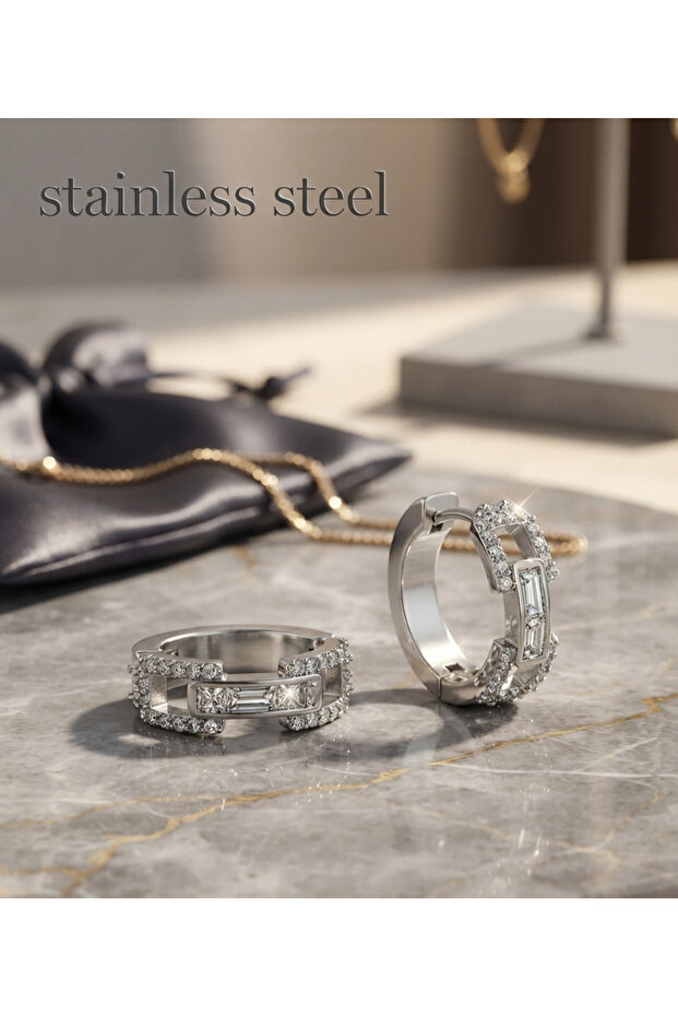 316L Steel Chain Silver Color Ring Baguette Stone Model Earrings