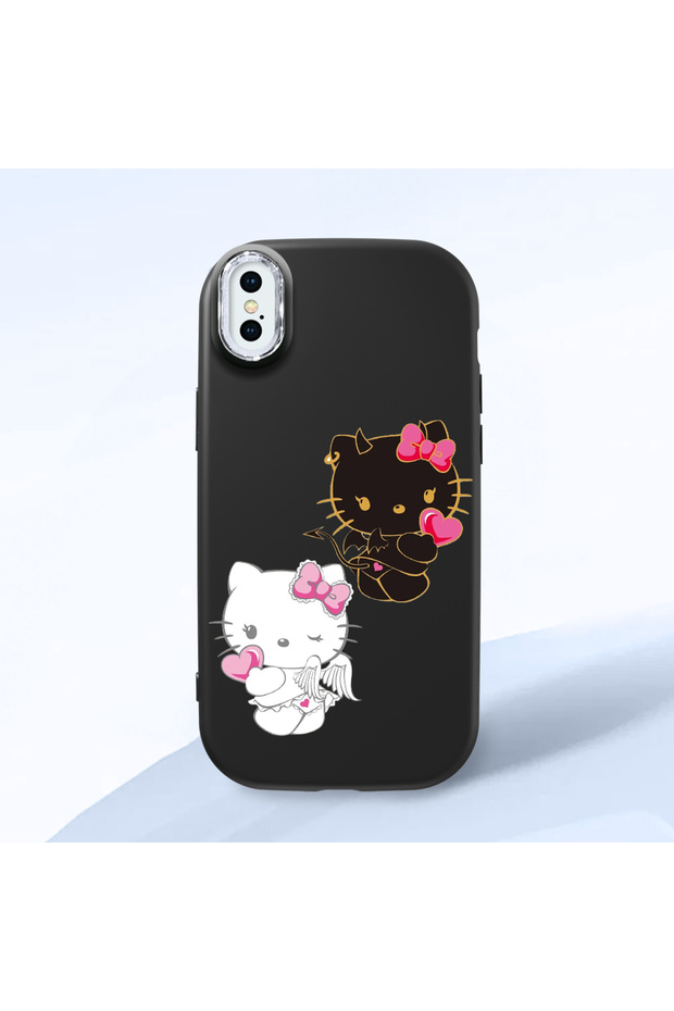 iPhone XS Max Compatible Case with Camera Protector Black Silicone Couple Phone Case with Kitty Pattern