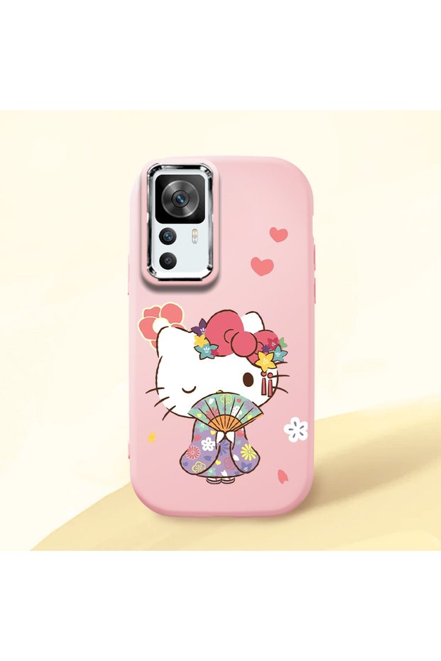Redmi K50 Ultra Compatible Case Camera Protector Pink Silicone Couple Phone Case with Kitty Pattern