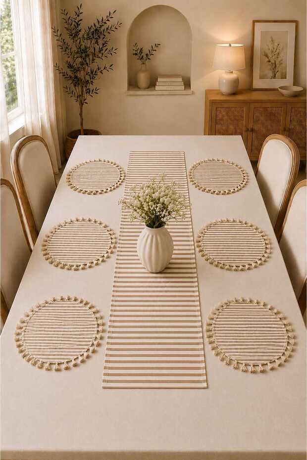 Striped Milk Coffee Linen Bohemian Vintage Runner 40X140 - 6 Piece Tasseled Linen Cream American Service Table Set - 7 Piece Dowry Set