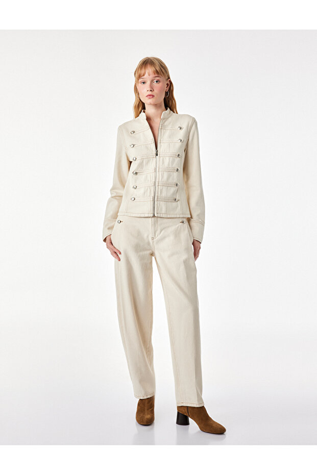Button Detailed Pocketed Comfortable Fit Cotton Low Waist Barrel Trousers