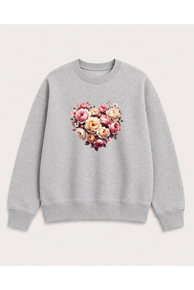 Heart and Roses Print Detailed Crew Neck 2 Thread Sweatshirt