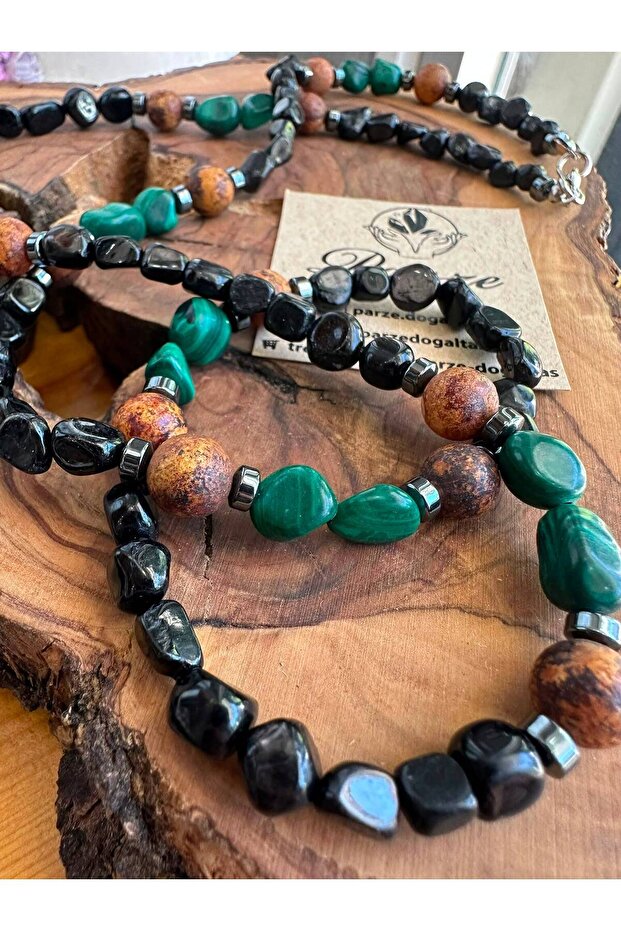 Hypersthene (Hypersten) & Malachite & Agate Special Design Natural Stone Necklace